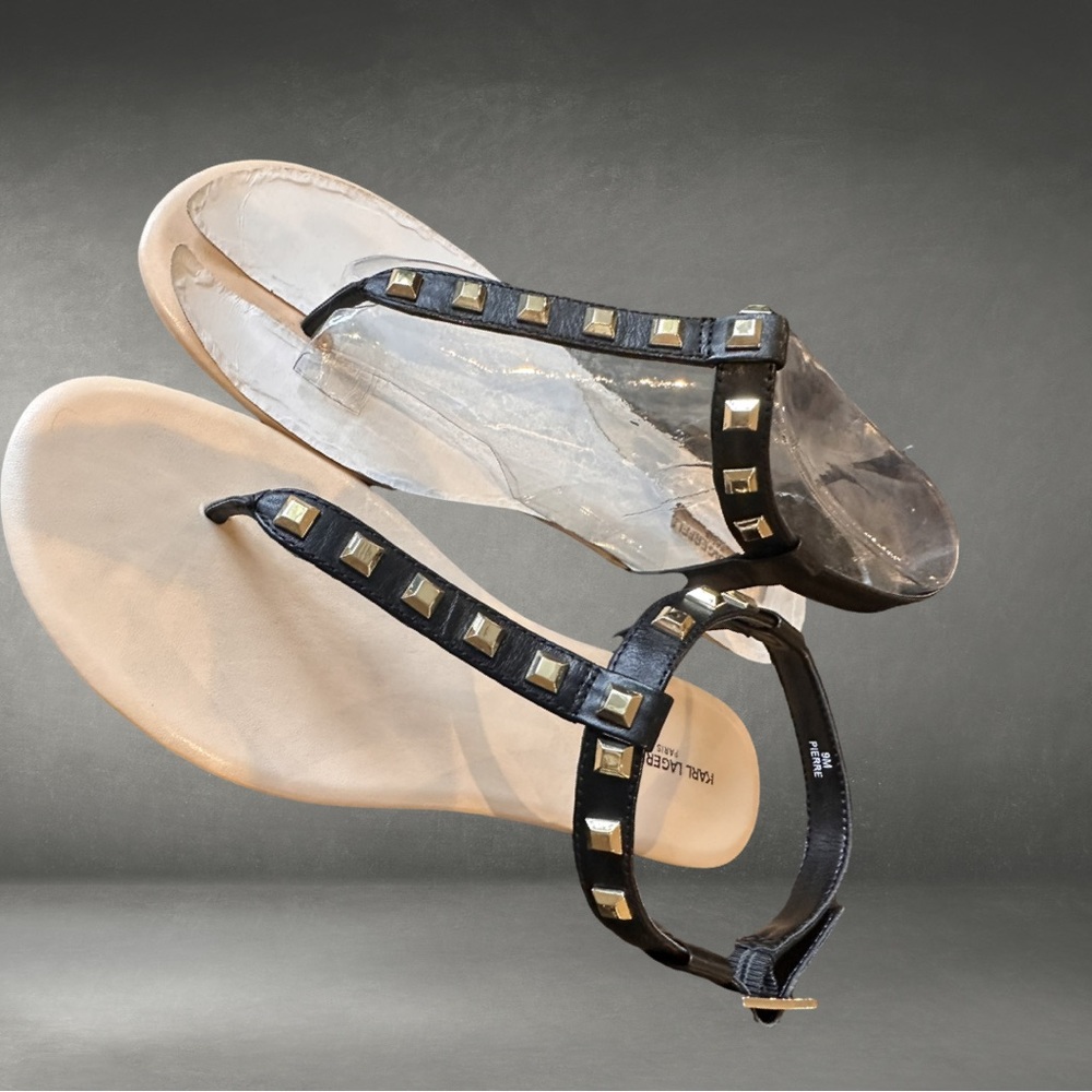 Karl Lagerfeld New Black Leather Flat Sandals 9